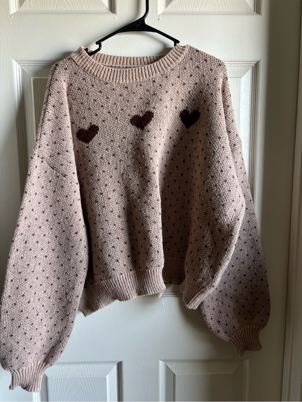 Oversized Blush Heart-Accent Crewneck Sweater for Women